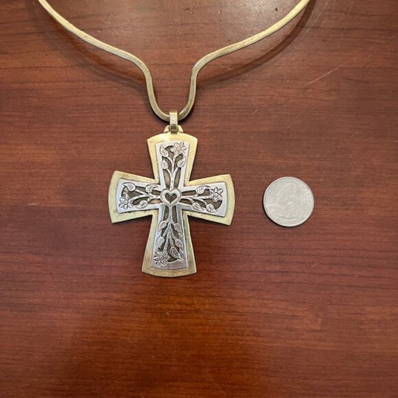 Vintage Rare Jeep Collins Sterling and Brass Cross Pendant and Choker - Picture 3 of 8